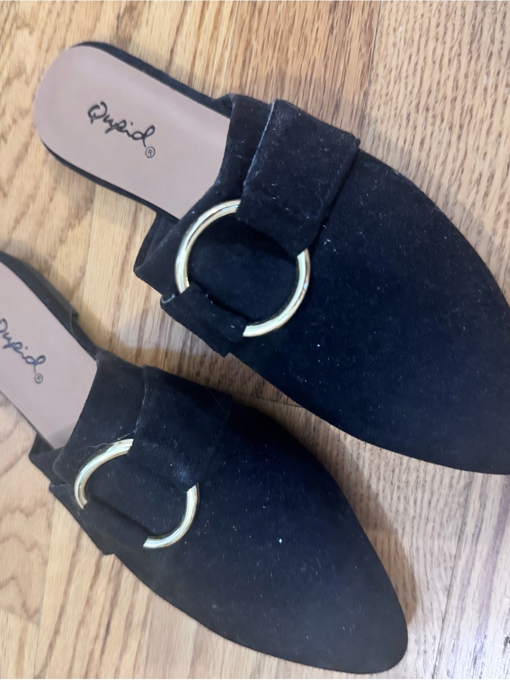 Qupid Black Pointed Mule Slides with Gold Ring Accent